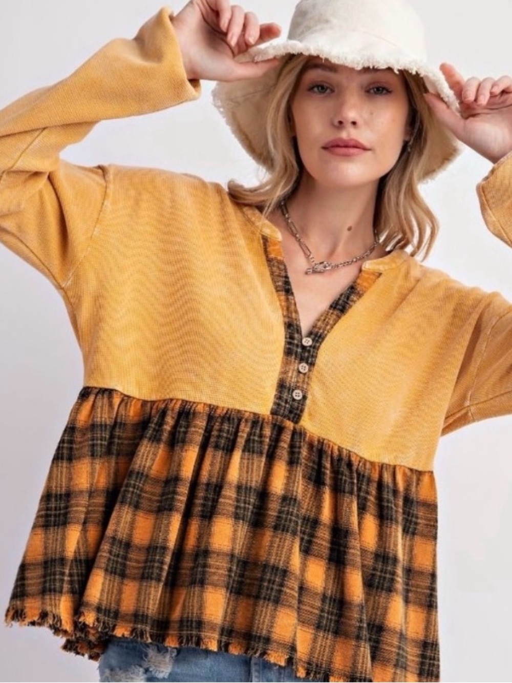 Plaid Peplum Button-Down Henley Top in Mustard